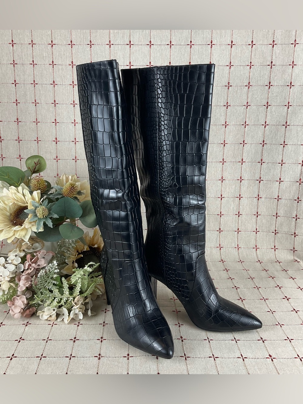 Authentic PAIGE Carmen Black Croc Embossed Leather Pointed Toe Knee High Boots 6